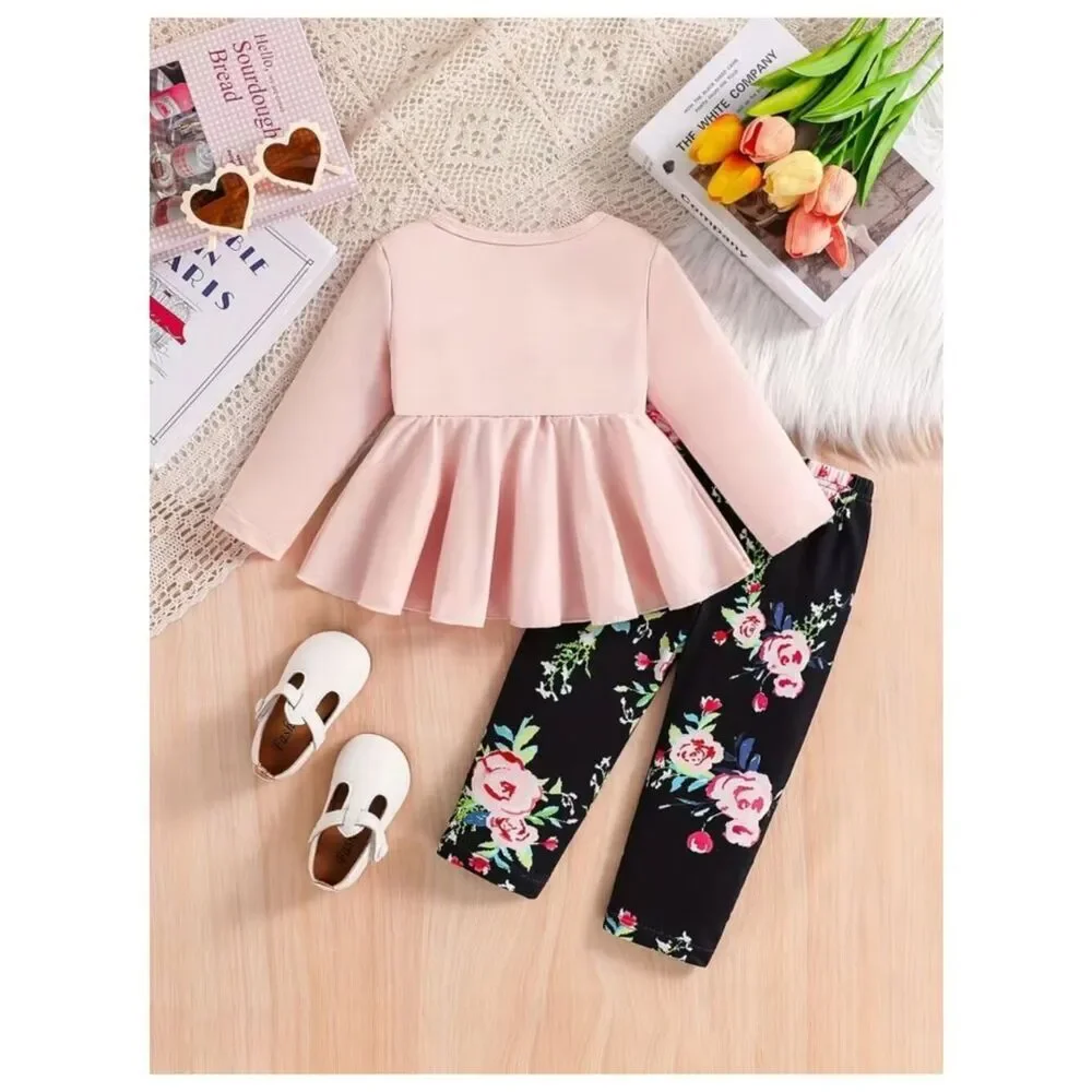 NWT Blossom Chic Two-Piece Set Pink & Black Top Coordinating Floral Leggings